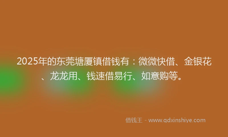 2025年的东莞塘厦镇借钱有：微微快借、金银花、龙龙用、钱速借易行、如意购等。