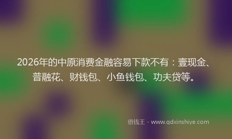 2026年的中原消费金融容易下款不有：壹现金、普融花、财钱包、小鱼钱包、功夫贷等。