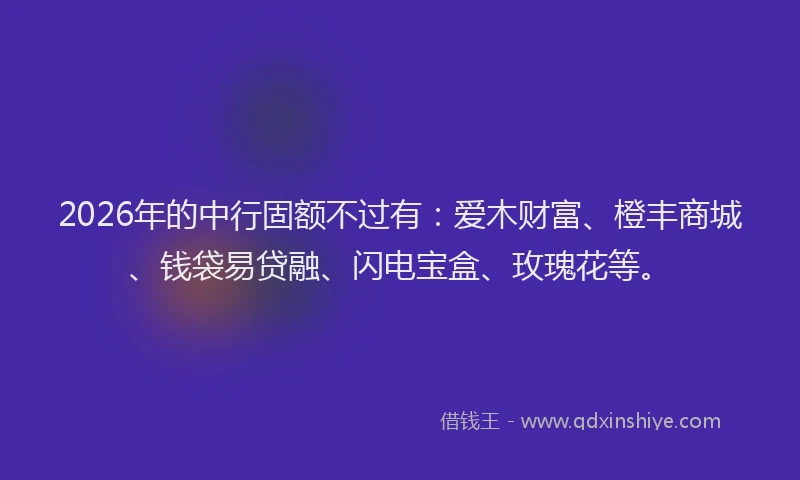 2026年的中行固额不过有：爱木财富、橙丰商城、钱袋易贷融、闪电宝盒、玫瑰花等。
