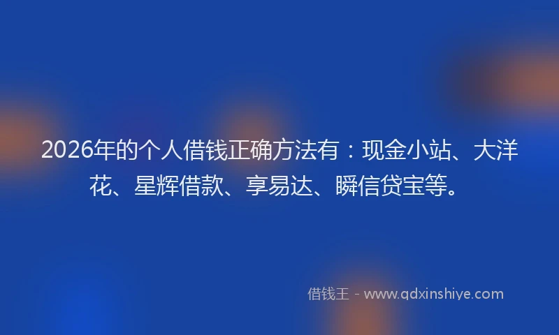 2026年的个人借钱正确方法有：现金小站、大洋花、星辉借款、享易达、瞬信贷宝等。