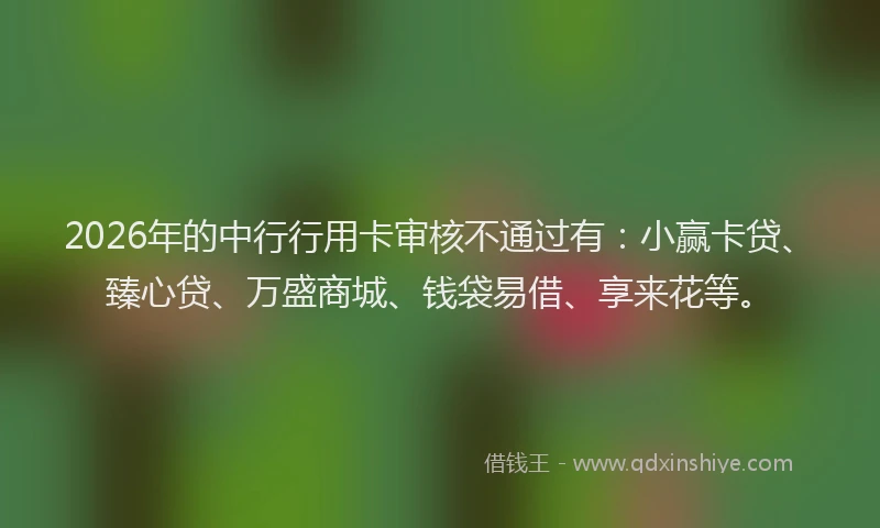 2026年的中行行用卡审核不通过有:小赢卡贷、臻心贷、万盛商城、钱袋易借、享来花等。