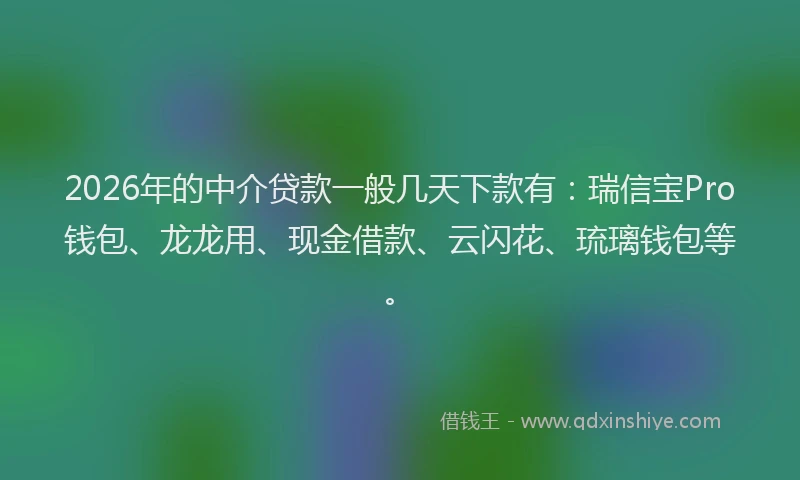 2026年的中介贷款一般几天下款有：瑞信宝Pro钱包、龙龙用、现金借款、云闪花、琉璃钱包等。
