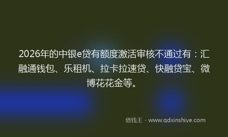 2026年的中银e贷有额度激活审核不通过有：汇融通钱包、乐租机、拉卡拉速贷、快融贷宝、微博花花金等。
