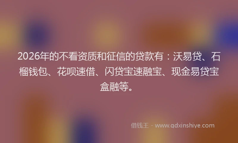 2026年的不看资质和征信的贷款有：沃易贷、石榴钱包、花呗速借、闪贷宝速融宝、现金易贷宝盒融等。