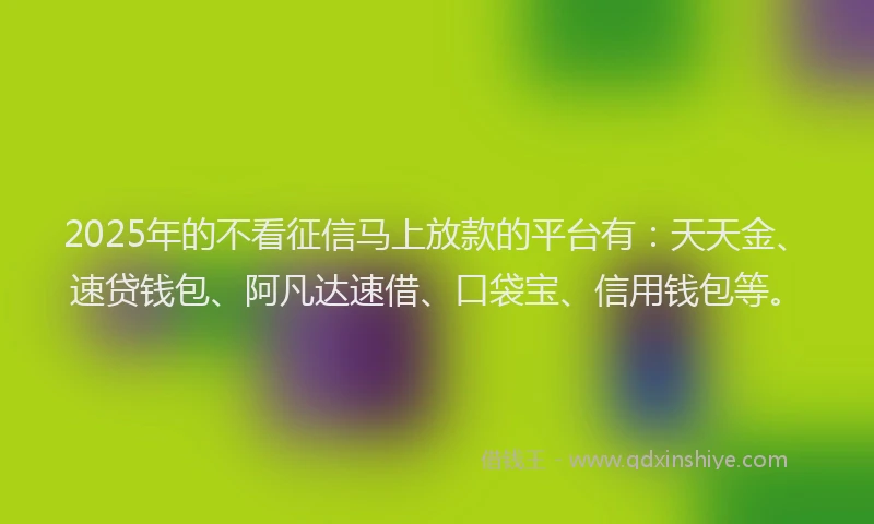2025年的不看征信马上放款的平台有:天天金、速贷钱包、阿凡达速借、口袋宝、信用钱包等。
