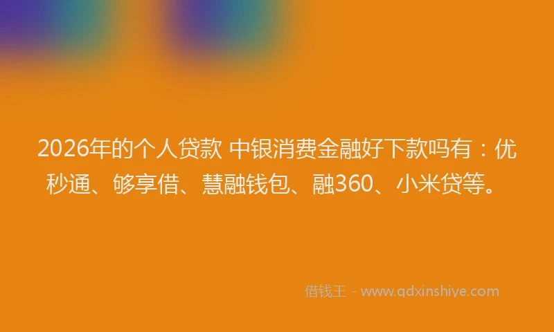 2026年的个人贷款 中银消费金融好下款吗有：优秒通、够享借、慧融钱包、融360、小米贷等。