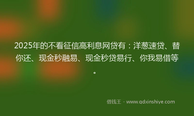 2025年的不看征信高利息网贷有：洋葱速贷、替你还、现金秒融易、现金秒贷易行、你我易借等。