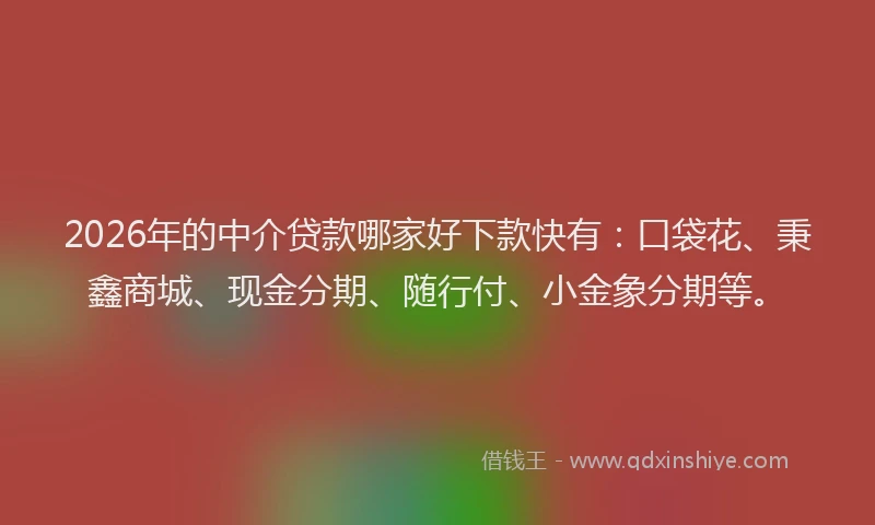 2026年的中介贷款哪家好下款快有：口袋花、秉鑫商城、现金分期、随行付、小金象分期等。