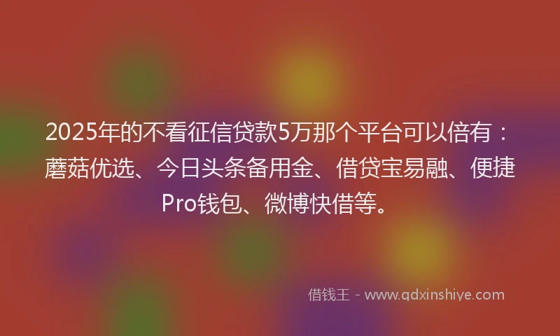 2025年的不看征信贷款5万那个平台可以倍有：蘑菇优选、今日头条备用金、借贷宝易融、便捷Pro钱包、微博快借等。