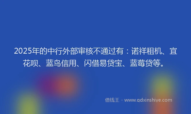 2025年的中行外部审核不通过有：诺祥租机、宜花呗、蓝鸟信用、闪借易贷宝、蓝莓贷等。