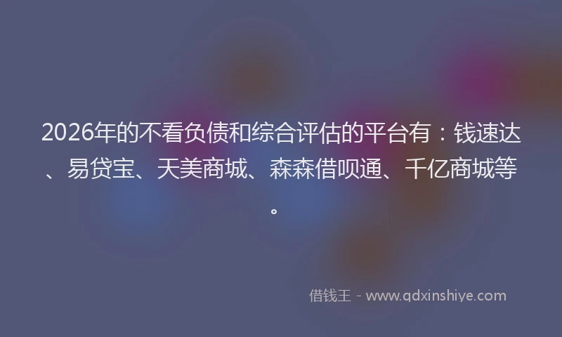 2026年的不看负债和综合评估的平台有：钱速达、易贷宝、天美商城、森森借呗通、千亿商城等。