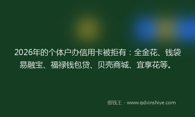 2026年的个体户办信用卡被拒有：全金花、钱袋易融宝、福禄钱包贷、贝壳商城、宜享花等。