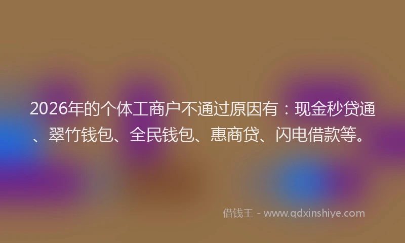 2026年的个体工商户不通过原因有：现金秒贷通、翠竹钱包、全民钱包、惠商贷、闪电借款等。
