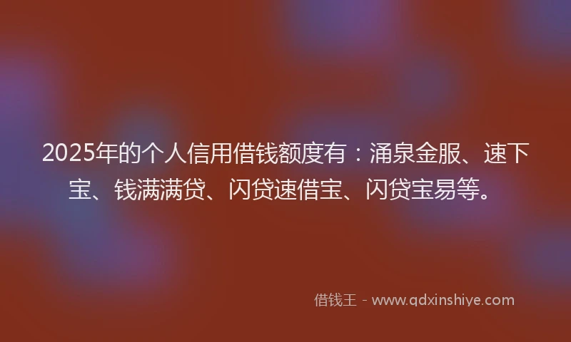 2025年的个人信用借钱额度有：涌泉金服、速下宝、钱满满贷、闪贷速借宝、闪贷宝易等。