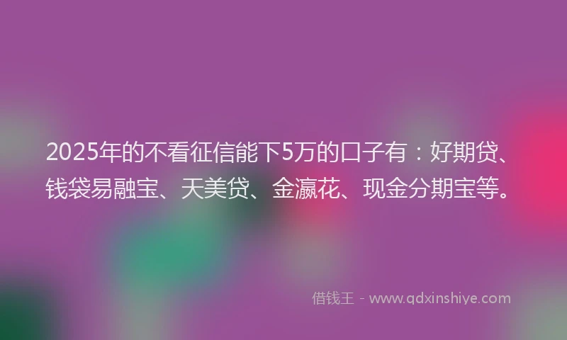 2025年的不看征信能下5万的口子有：好期贷、钱袋易融宝、天美贷、金瀛花、现金分期宝等。
