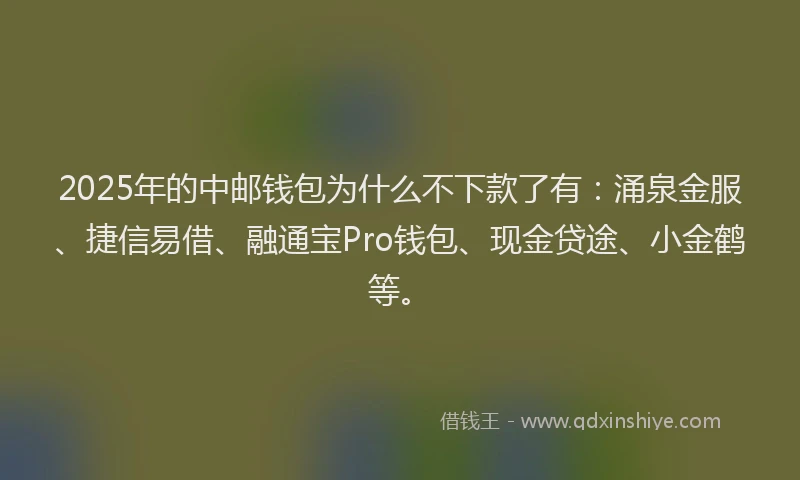 2025年的中邮钱包为什么不下款了有：涌泉金服、捷信易借、融通宝Pro钱包、现金贷途、小金鹤等。