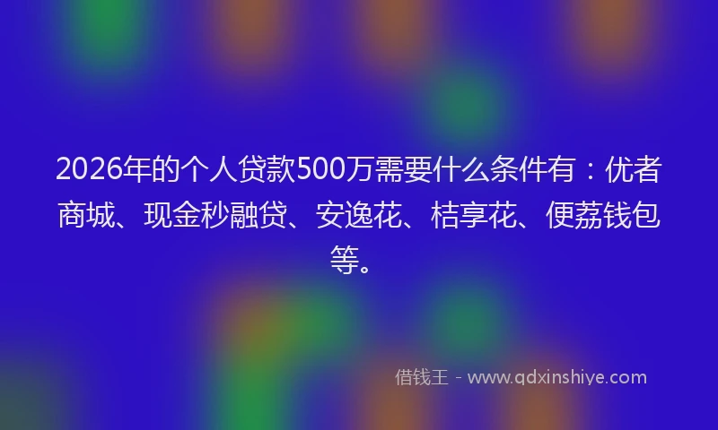 2026年的个人贷款500万需要什么条件有:优者商城、现金秒融贷、安逸花、桔享花、便荔钱包等。