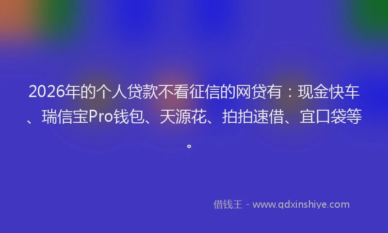 2026年的个人贷款不看征信的网贷有：现金快车、瑞信宝Pro钱包、天源花、拍拍速借、宜口袋等。