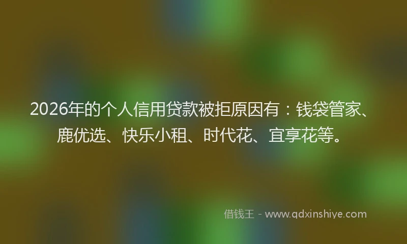 2026年的个人信用贷款被拒原因有：钱袋管家、鹿优选、快乐小租、时代花、宜享花等。