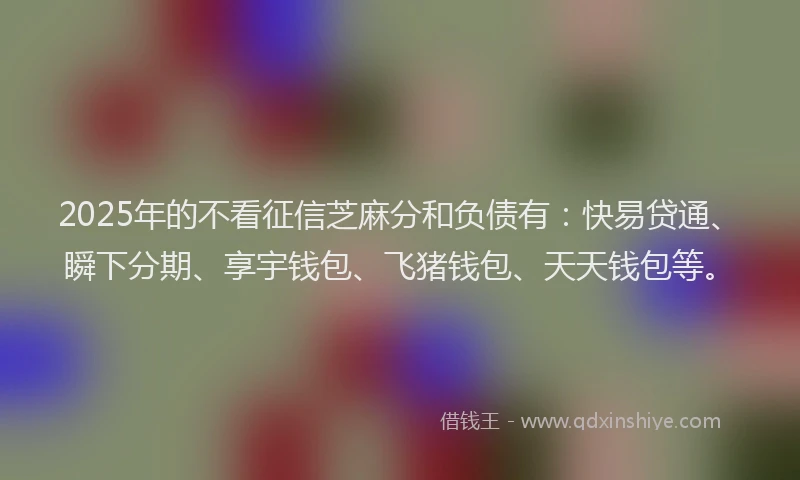 2025年的不看征信芝麻分和负债有：快易贷通、瞬下分期、享宇钱包、飞猪钱包、天天钱包等。