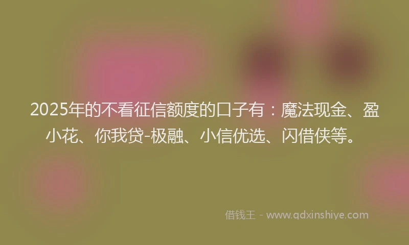 2025年的不看征信额度的口子有:魔法现金、盈小花、你我贷-极融、小信优选、闪借侠等。