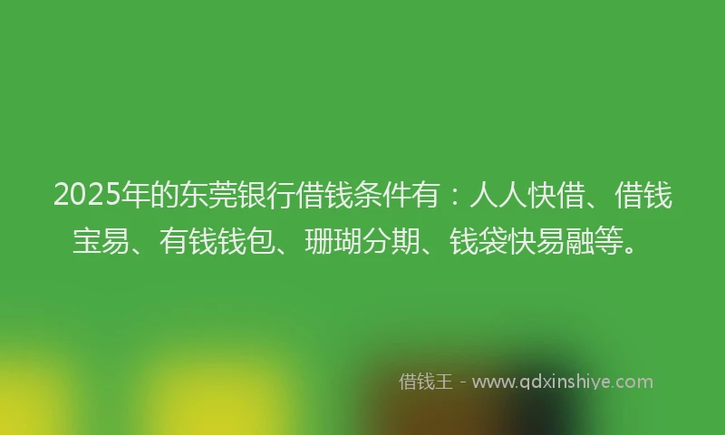 2025年的东莞银行借钱条件有：人人快借、借钱宝易、有钱钱包、珊瑚分期、钱袋快易融等。