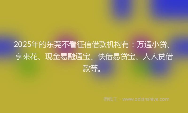 2025年的东莞不看征信借款机构有:万通小贷、享来花、现金易融通宝、快借易贷宝、人人贷借款等。