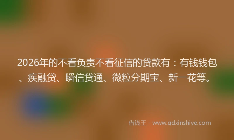 2026年的不看负责不看征信的贷款有：有钱钱包、疾融贷、瞬信贷通、微粒分期宝、新一花等。