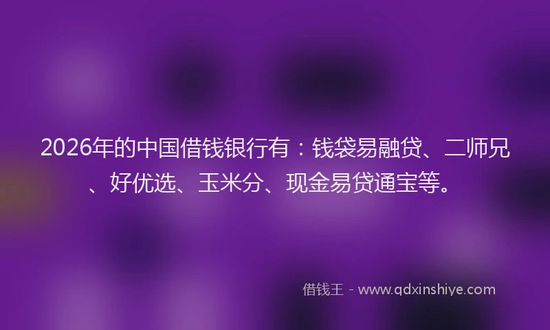2026年的中国借钱银行有：钱袋易融贷、二师兄、好优选、玉米分、现金易贷通宝等。