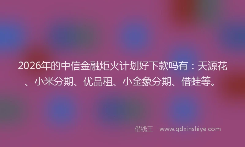 2026年的中信金融炬火计划好下款吗有:天源花、小米分期、优品租、小金象分期、借蛙等。