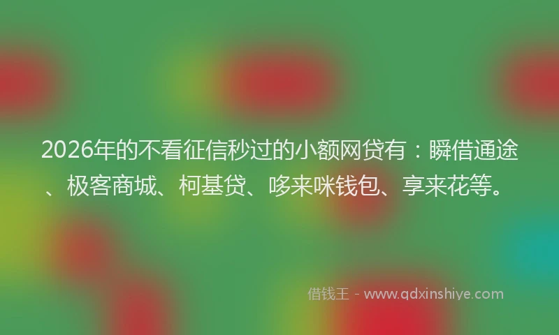 2026年的不看征信秒过的小额网贷有：瞬借通途、极客商城、柯基贷、哆来咪钱包、享来花等。
