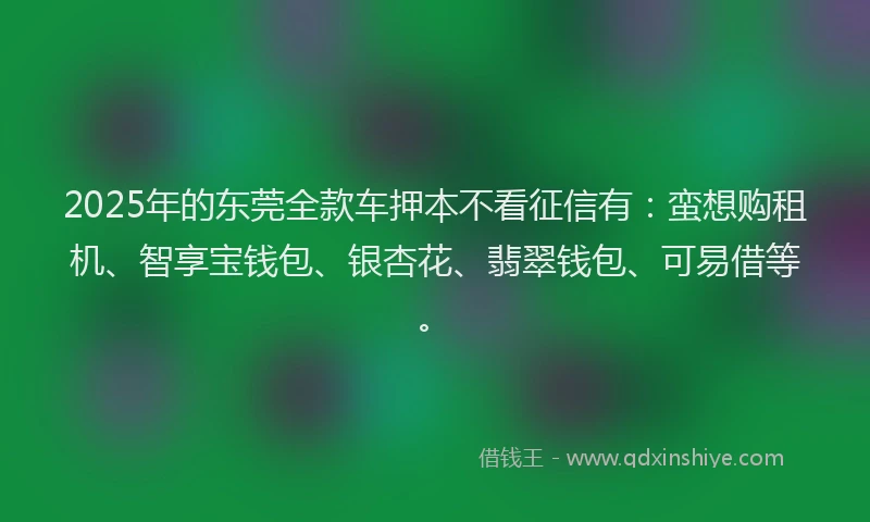 2025年的东莞全款车押本不看征信有：蛮想购租机、智享宝钱包、银杏花、翡翠钱包、可易借等。
