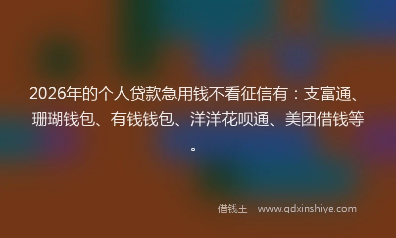 2026年的个人贷款急用钱不看征信有：支富通、珊瑚钱包、有钱钱包、洋洋花呗通、美团借钱等。