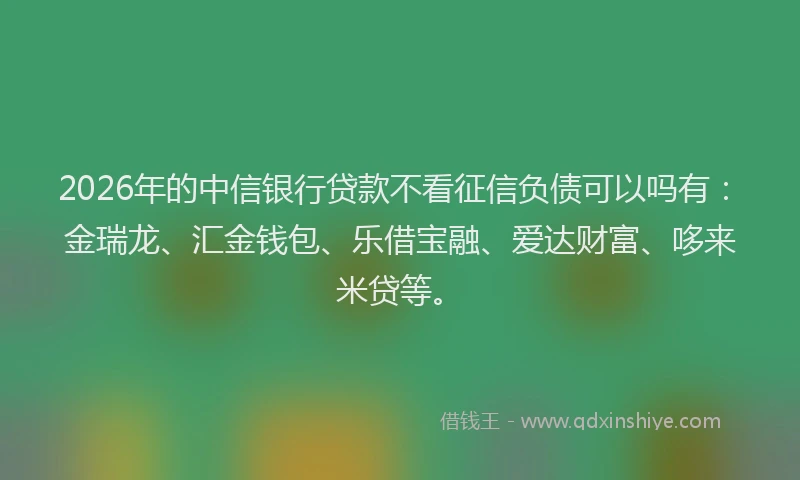2026年的中信银行贷款不看征信负债可以吗有：金瑞龙、汇金钱包、乐借宝融、爱达财富、哆来米贷等。