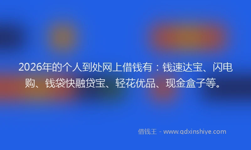 2026年的个人到处网上借钱有：钱速达宝、闪电购、钱袋快融贷宝、轻花优品、现金盒子等。