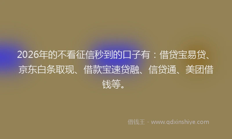 2026年的不看征信秒到的口子有：借贷宝易贷、京东白条取现、借款宝速贷融、信贷通、美团借钱等。