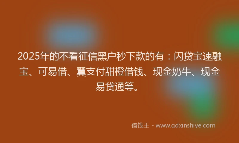 2025年的不看征信黑户秒下款的有：闪贷宝速融宝、可易借、翼支付甜橙借钱、现金奶牛、现金易贷通等。