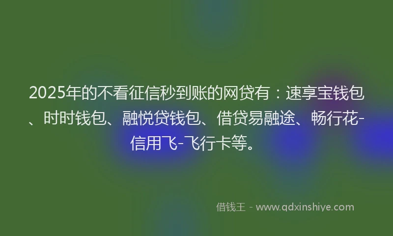 2025年的不看征信秒到账的网贷有:速享宝钱包、时时钱包、融悦贷钱包、借贷易融途、畅行花-信用飞-飞行卡等。