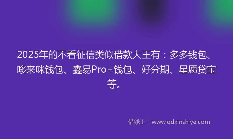 2025年的不看征信类似借款大王有：多多钱包、哆来咪钱包、鑫易Pro+钱包、好分期、星愿贷宝等。