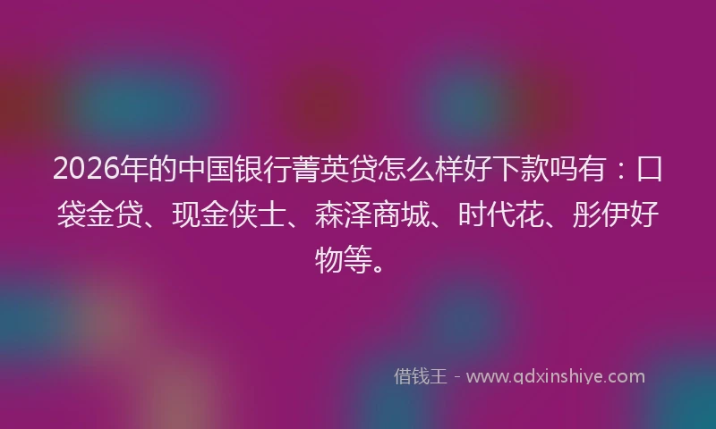 2026年的中国银行菁英贷怎么样好下款吗有：口袋金贷、现金侠士、森泽商城、时代花、彤伊好物等。