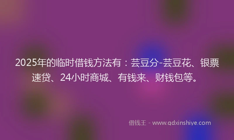 2025年的临时借钱方法有：芸豆分-芸豆花、银票速贷、24小时商城、有钱来、财钱包等。