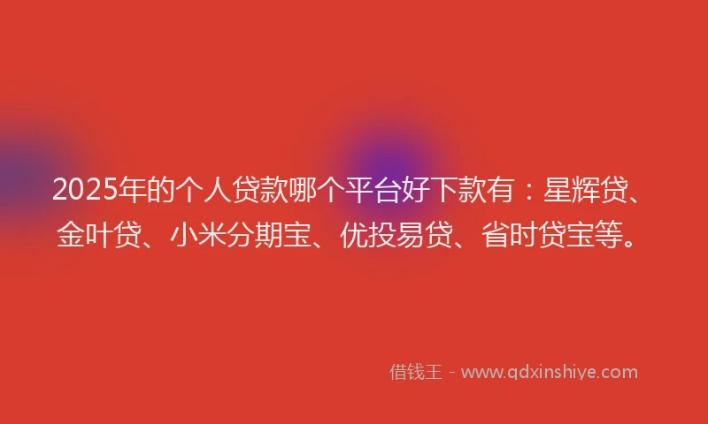 2025年的个人贷款哪个平台好下款有:星辉贷、金叶贷、小米分期宝、优投易贷、省时贷宝等。