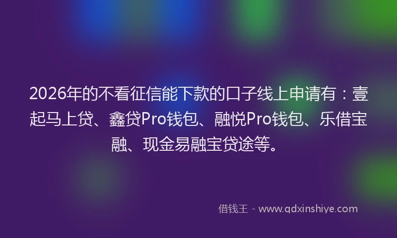 2026年的不看征信能下款的口子线上申请有：壹起马上贷、鑫贷Pro钱包、融悦Pro钱包、乐借宝融、现金易融宝贷途等。
