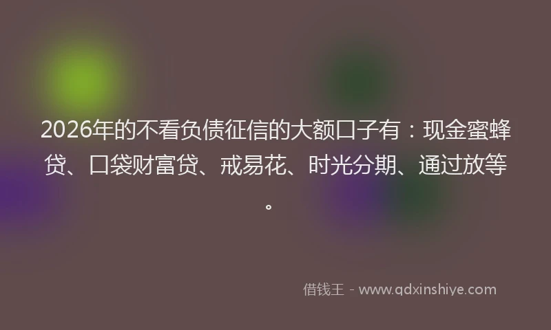 2026年的不看负债征信的大额口子有：现金蜜蜂贷、口袋财富贷、戒易花、时光分期、通过放等。
