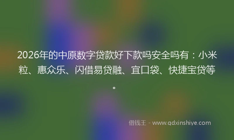 2026年的中原数字贷款好下款吗安全吗有：小米粒、惠众乐、闪借易贷融、宜口袋、快捷宝贷等。