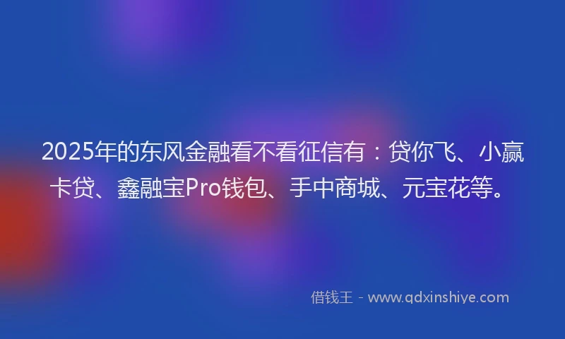 2025年的东风金融看不看征信有：贷你飞、小赢卡贷、鑫融宝Pro钱包、手中商城、元宝花等。