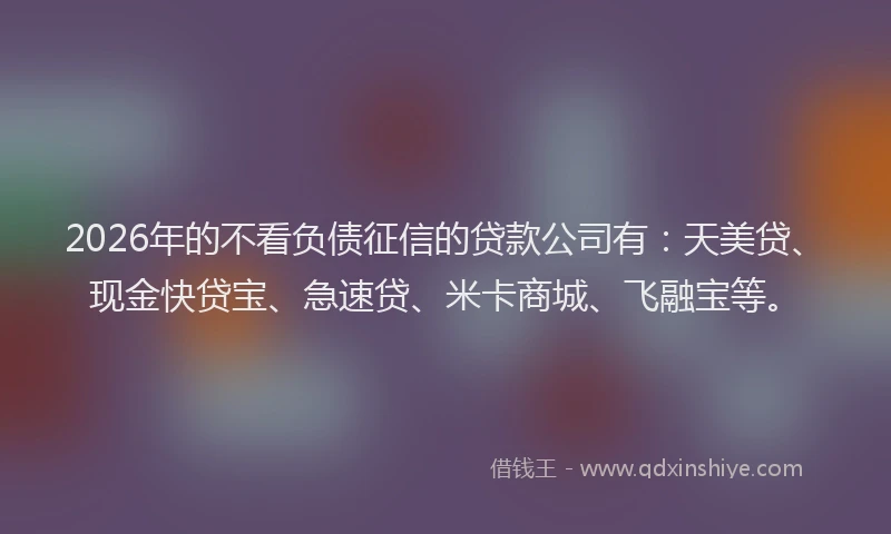 2026年的不看负债征信的贷款公司有：天美贷、现金快贷宝、急速贷、米卡商城、飞融宝等。