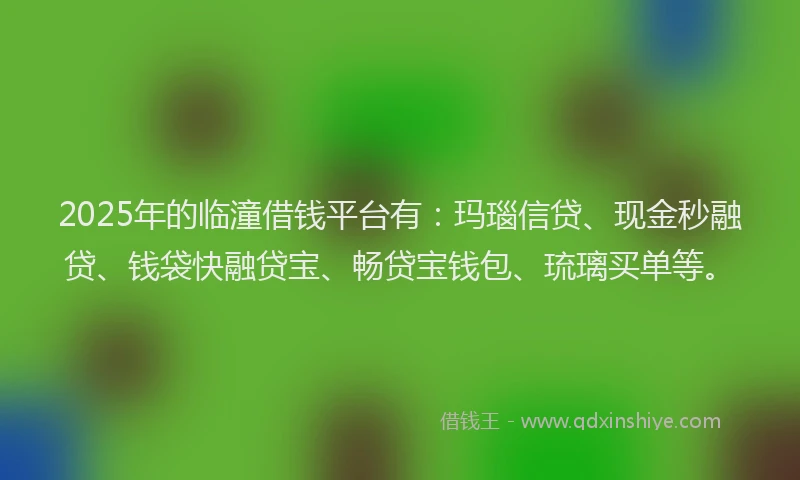 2025年的临潼借钱平台有:玛瑙信贷、现金秒融贷、钱袋快融贷宝、畅贷宝钱包、琉璃买单等。