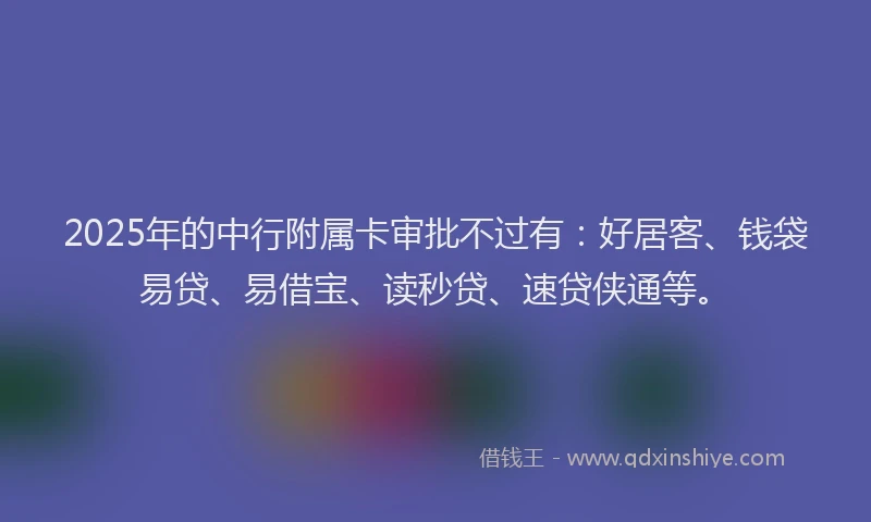 2025年的中行附属卡审批不过有：好居客、钱袋易贷、易借宝、读秒贷、速贷侠通等。
