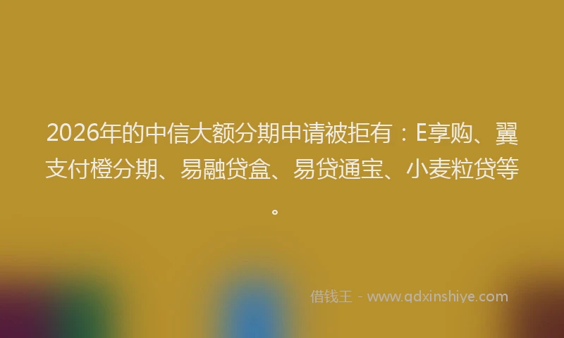 2026年的中信大额分期申请被拒有：E享购、翼支付橙分期、易融贷盒、易贷通宝、小麦粒贷等。